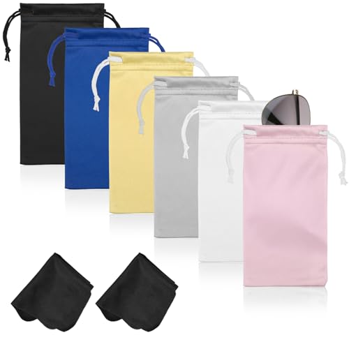 Hoiny 6 Pcs Microfiber Glasses Sunglasses Pouch with 2 Cleaning Cloths, Soft Drawstring Storage Bag for Phone, Eyeglass Case - color: Multi Color