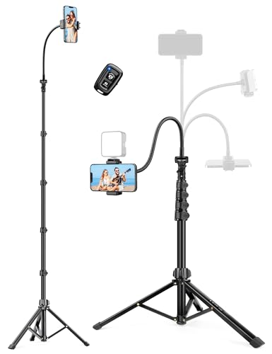 Phone Tripod Stand, 85" Tall Cellphone Tripod for iPhone with Gooseneck Remote, Flexible Portable Phone Stand for Recording, Compatible with iPhone 14 13 12 Pro Android Camera