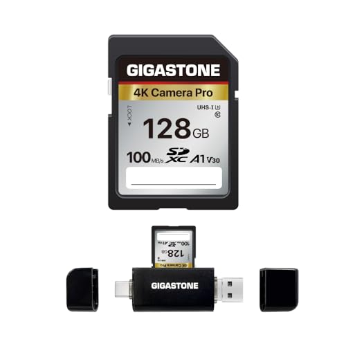 【5-Years Data Recovery】 GIGASTONE 128GB SD Card with USB Type C Card Reader, 4K Camera Pro, UHS-I A1 V30 U3 SDXC Memory Card, Speed up to 100MB/s, Compatible with Digital Camera, with 1 mini case - color: 128GB 4K Camera Pro SD Card 1-Pack + Type C Card R