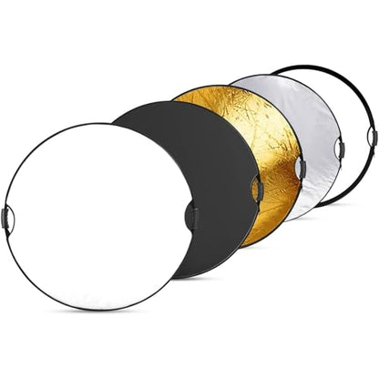 REFLEX CAMERA 5-in-1 Collapsible Photography Reflector Kit, 110cm (43") Round with Dual Handles, Silver, Gold, White, Black & Translucent Surfaces, Portable Light Modifier with Carry Bag - size: 110cm/43"