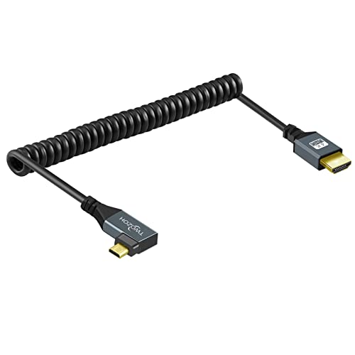 Twozoh Left Angled Coiled Micro HDMI to HDMI Cable, Micro HDMI to HDMI Coiled Cable 90°Degree Stretched Length 30cm to 150cm - Supports 3D/4K 1080p(5FT) - color: Left Angled, size: 5Ft