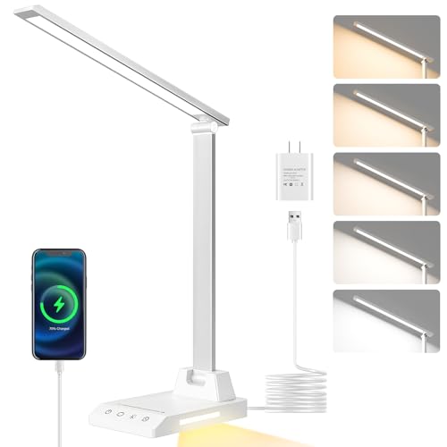 ShineTech LED Desk Lamp for Home Office, Dimmable Desk Light with 25 Lighting Combinations and USB Port, Memory and Timer Folding Reading Light for Study Nightstand, White - color: White