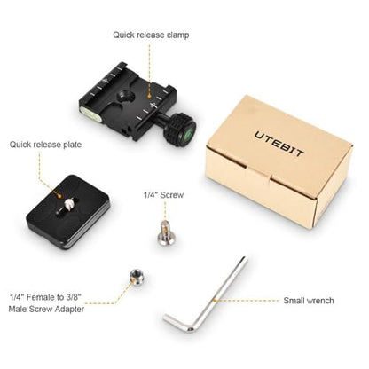 UTEBIT 50mm Arca Swiss Quick Release Plate, with 3/8"&1/4" Screw, Black | Aluminum QR Clamp Adapter Set, Built-in Bubble Level Compatible with Manfrotto DSLR Camera Tripod Ball Head Monopod