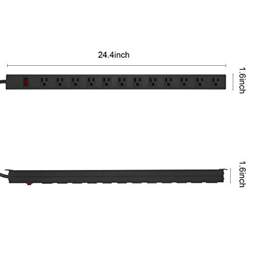 Metal Wall Mount Power Strip, Mountable Power Outlet with 12 AC Outlets, Aluminum Alloy Mount Power Socket with Switch, 6 FT SJT 3/C 14AWG Power Cord, 15A 125V 1875W (12AC) Black - size: 6 ft, style: 12 Outlets
