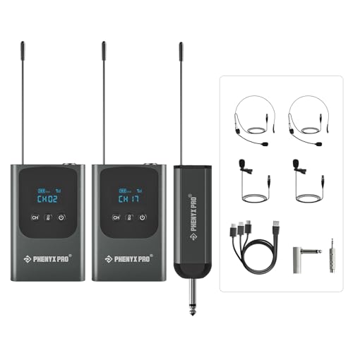 Phenyx Pro Dual Digital Wireless Microphone System, Portable Mini Receiver, 2x15 UHF Frequencies, 2 Bodypack Transmitters, Headset/Lapel Microphone for Singing, Karaoke (PDP-2-2B)