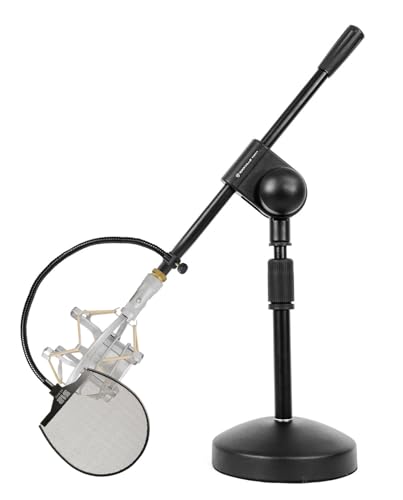 Rockville RDMS70 Bundle: Desktop Microphone Stand with Boom, Steel Round Base, ROCKSHOCK Silver Studio Shock Mount with Foam, 512-POP Professional Pop Filter, 3-items