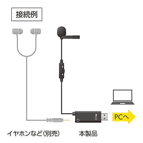 MIYOSHI ZUMF-08/BK MCO USB Pin Microphone, Mini Clip, 0.14 inch (3.5 mm) Earphone Terminal, Microphone Mute Switch, Omnidirectional, Compatible with Windows and MacOS, Cable Length 4.7 ft (1.9 m), 6