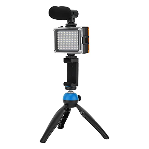 Portable Live Video Kit, Mobile Phone Photography Set with Fill Light Microphone Tripod and Phone Holder for Vlogging Live Streaming (Blue) - color: Blue