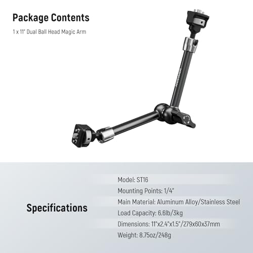 NEEWER 11" Articulating Magic Arm with 360° Ball Heads & Locating Pins for ARRI, Camera Monitor Mount with 1/4" Screws for DSLR Action Camera Monitor Video Light Compatible with SmallRig Cage Rig,ST16 - size: 11"