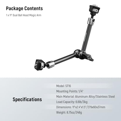 NEEWER 11" Articulating Magic Arm with 360° Ball Heads & Locating Pins for ARRI, Camera Monitor Mount with 1/4" Screws for DSLR Action Camera Monitor Video Light Compatible with SmallRig Cage Rig,ST16 - size: 11"