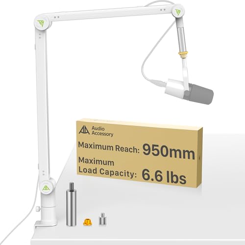 AA AUDIO ACCESSORY White Mic Boom Arm (Design for Heavy Mic) Extra-Long 950mm, 6.6lbs Load Capacity, Gear-Lock Suspension Scissor Microphone Stand Desk Mount for Shure SM7B SM7dB MV7, Blue Yeti, Rode - color: White