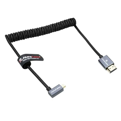 Alvin's Cables Left Angle Micro HDMI to HDMI Cable 8K@60Hz 4K@120Hz, Braided Coiled HDMI 2.1 for Sony A7RIII/A7II/A7M3, Canon R5/M6, Fujifilm X-T4/X-T3, GoPro, Nikon - Ultra Durable - color: Black, style: Left Angle micro HDMI