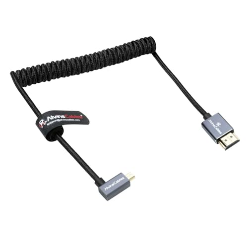 Alvin's Cables Left Angle Micro HDMI to HDMI Cable 8K@60Hz 4K@120Hz, Braided Coiled HDMI 2.1 for Sony A7RIII/A7II/A7M3, Canon R5/M6, Fujifilm X-T4/X-T3, GoPro, Nikon - Ultra Durable - color: Black, style: Left Angle micro HDMI