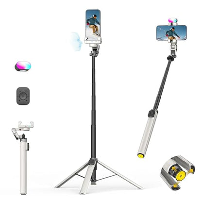 AOCHUAN 70.9” Auto-Open 4-in-1 Smartphone Gimbal for iPhone & Android, AI Face Tracking Phone Stabilizer(No App Needed) w/Magnetic Remote, 360° Rotating Gimbal, RGB Light& Built-in Tripod, M3Pro White - color: White