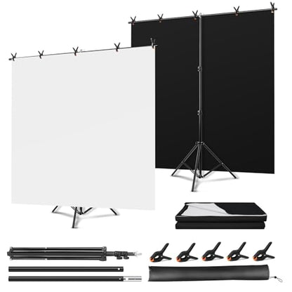Black White Backdrop Screen with Stand Kit, 5 x 6.5 ft Photo Backdrop Kit, 2-in-1 Revisible Black Backdrop White Screen with T-Shaped Stand and 5 Clamps for Photography Party Decorations - size: Black and White 5 x 6.5 ft