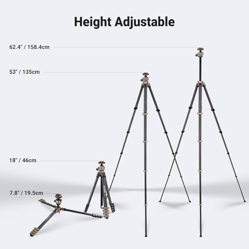 NEEWER LITETRIP Carbon Fiber Travel Tripod with Pan Tilt Low Profile Ball Head,62.4" DSLR Camera Phone Holder Stand Compatible with PD V3 Plates iPhone, 2 Center Columns,Max Load 22 lb, LT39