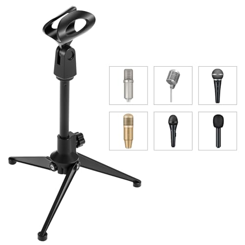QWORK Desk Mic Stand, Foldable Desktop Microphone Tripod Stand, with 5/8" Male to 3/8" Female Adapter, for Dynamic & Condenser Mics