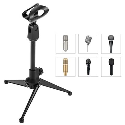 QWORK Desk Mic Stand, Foldable Desktop Microphone Tripod Stand, with 5/8" Male to 3/8" Female Adapter, for Dynamic & Condenser Mics
