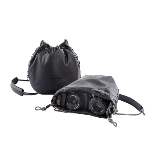 PGYTECH OneGo Drawstring Small Camera Bag, Leather Soft Camera Pouch compatible with Mirrorless Cameras/Nikon/Canon/Sony//Pocket 4/Fuji Camera Case - color: Black