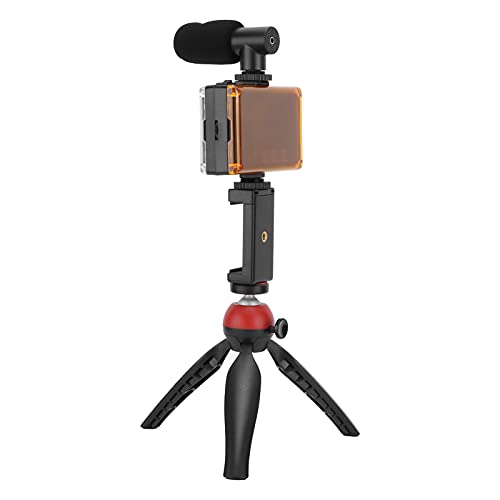 Portable Live Video Kit, Mobile Phone Photography Set with Fill Light Microphone Tripod and Phone Holder for Vlogging Live Streaming (Red) - color: Red
