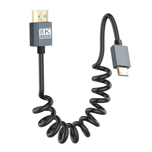 CERRXIAN 8K Mini HDMI to HDMI Cable, Ultra HD High Speed HDMI to Mini HDMI Coiled Cable 2.1 Support 8K 4K 3D and Dynamic HDR Up to 48Gbps, Compatible with TV, PC,Camera Monitors Projector ect 3FT/0.9M