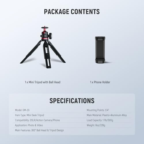 NEEWER Entry Level Version Mini Tripod for Camera, 360° Small Desk Portable DSLR Webcam Cell Phone Mount Holder Stand Selfie Stick Grip Compatible with iPhone Samsung Android Video Recording, GM-2G - style: GM-2G
