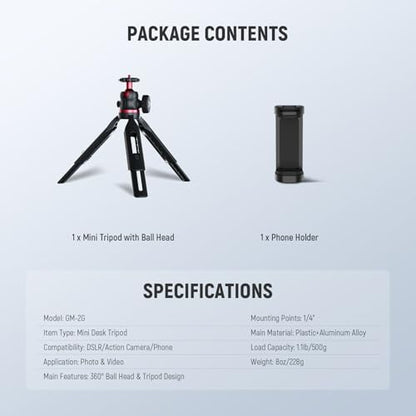 NEEWER Entry Level Version Mini Tripod for Camera, 360° Small Desk Portable DSLR Webcam Cell Phone Mount Holder Stand Selfie Stick Grip Compatible with iPhone Samsung Android Video Recording, GM-2G - style: GM-2G