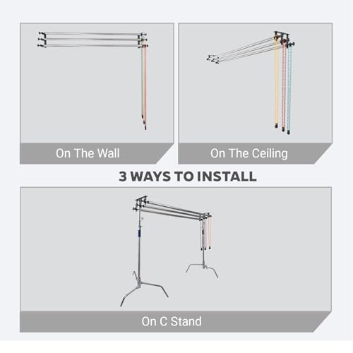 Photography Backdrop Roller Support System, 3 Rollers, 120-inch Stainless Steel Crossbars, Wall/Celing/Light Stand Backdrop Mount, Background Support - color: Red/Yellow/Green Plastic Chain+120inch Crossbars