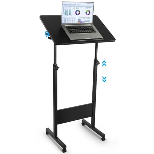 Mobile Podium, Adjustable Standing Desk with Caster Wheels, Adjustable Height 360° Swivel Desktop, Versatile Podium Laptop Desk Stand Up Desk Easel Presentation Lectern (Black) - color: Black