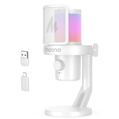 MAONO Wireless Microphone for PC, USB Gaming Mic with 6 Modes AI Voice Changer, 48kHz/24bit, 40H Battery, Intelligent Noise Reduction, RGB, One-Click Mute for Computer Podcast Recording Streaming,DM40 - color: White