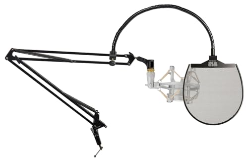 Rockville Dms40 Bundle: 40 In Microphone Boom Arm Studio Podcast USB Mic Stand, 512 Audio 512-Pop Metal Pop Filter W/Gooseneck Clamp, Rockshock Silver Condenser Mic Shock Mount, 3-Items