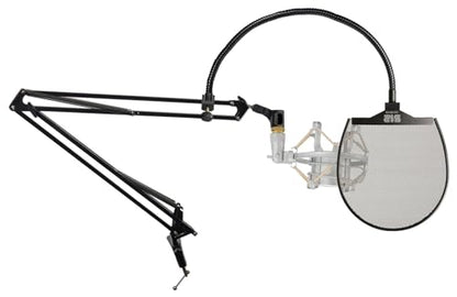 Rockville Dms40 Bundle: 40 In Microphone Boom Arm Studio Podcast USB Mic Stand, 512 Audio 512-Pop Metal Pop Filter W/Gooseneck Clamp, Rockshock Silver Condenser Mic Shock Mount, 3-Items