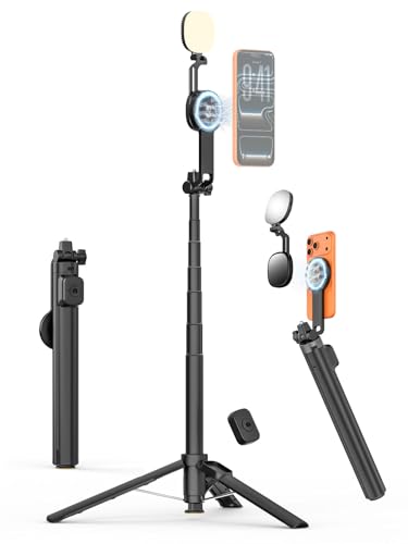 USKEYVISION 69" Magnetic Tripod for iPhone with Light, Selfie Stick with Magnetic Selfie Light & Remote, Extendable Cell Phone Tripod, Vlogging Kit for MagSafe iPhone/Android Video Recording