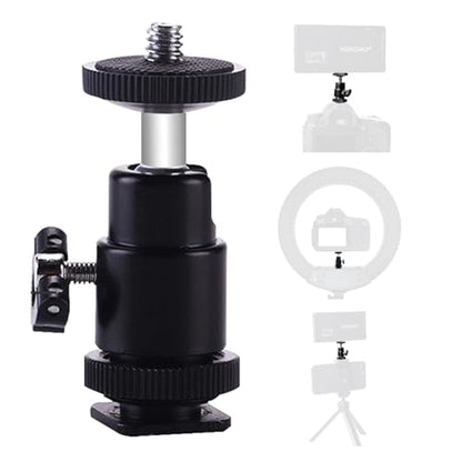 Camera Cold Shoe Mount 1/4", 360 Degree Swivel Mini Ball Head with 1/4 inch, Suitable for Cameras, Camcorders, Smartphones, Tripods, LED Selfie Light, Ring Lights, GoPro, and Flashlights