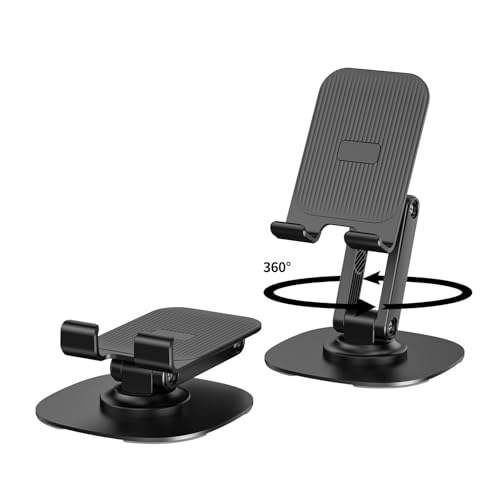 360° Rotating Cell Phone Stand for Desk, Adjustable & Foldable Phone Holder, Aluminum Desktop Phone Stand with Anti-Slip Base, Compatible with iPhone, iPad, Android Phones, K69-Black