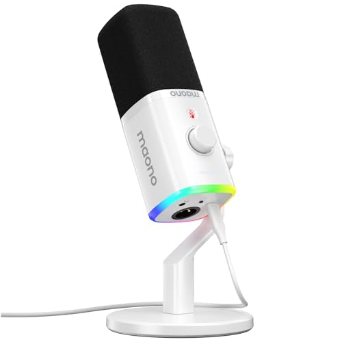 MAONO USB/XLR Podcasting Microphone for PC, Gaming Streaming Dynamic Mic with Mute Button, RGB, Desktop Stand,Computer Mic for Video Studio Recording-PD100X,White - color: White, style: Desktop Stand Version