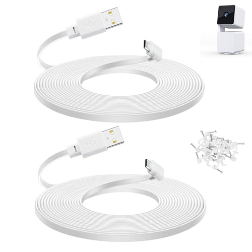 Smays 20 ft Cable for WYZE Cam Pan v3 Camera, Long Micro USB Flat Power Cord, 90 Degree 2-Pack, White - color: White, size: 20 feet