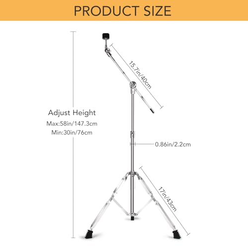 Boom Cymbal Stand, Adjustable Cymbal Stand for Drum Hardware Percussion Mount Holder Gear Set Drum Hardware Set for Mounting Crash, Ride, Splash Cymbals, Double Braced Legs with Rubber Feet