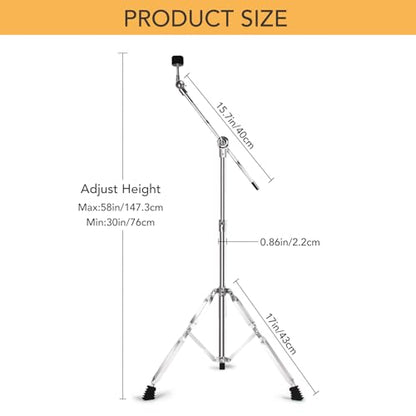 Boom Cymbal Stand, Adjustable Cymbal Stand for Drum Hardware Percussion Mount Holder Gear Set Drum Hardware Set for Mounting Crash, Ride, Splash Cymbals, Double Braced Legs with Rubber Feet