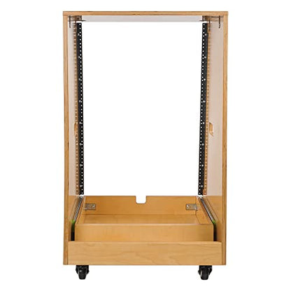 Sound Town DIY 16U Slanted Recording Studio Rack with Extra 2U Drawer, Rubber Feet & Casters, Solid Baltic Birch Plywood Audio Equipment Rack, Golden Oak (SDRK-16TD2) - size: 16U, Golden Oak, Slanted w/ Drawer