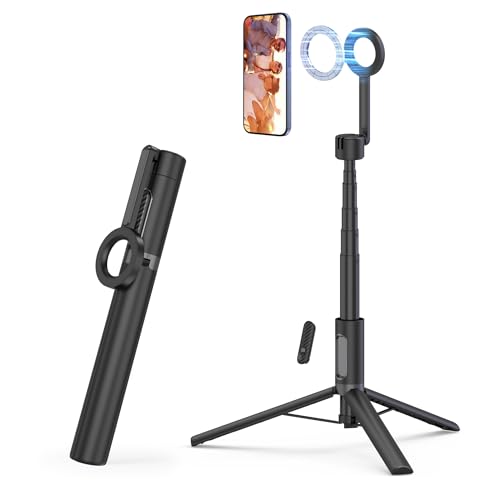 SEAJIC Magnetic Phone Tripod for iPhone 54" Selfie Stick Tripod with Remote and Metal Ring, Phone for Video Recording, Cell Phone Mount Stand for Cellphone (Black, 54in) - color: Black, size: 54in