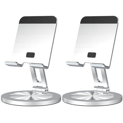 Phone Stand for Desk, 360° Rotating Dual Adjustable Foldable Holder, Heavy Solid All-Aluminum Base Anti-Slip Stable Support for Home Office Study, Fits iPhone Galaxy 4-8" Phones (Silver+Silver) - color: Silver+Silver