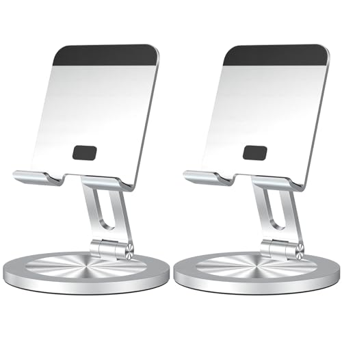 Phone Stand for Desk, 360° Rotating Dual Adjustable Foldable Holder, Heavy Solid All-Aluminum Base Anti-Slip Stable Support for Home Office Study, Fits iPhone Galaxy 4-8" Phones (Silver+Silver) - color: Silver+Silver