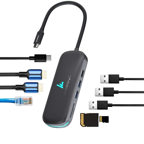 Type C 9 in 1 Wozoyo Docking Station with 2XUSB 5Gbps, 2X4K HDMI, Gigabit Ethernet, SD & TF Card Reader, PD 100W, USB 2.0, USB-C Hub, Compatible with Thunderbolt 4, macOS, Windows, Android & iOS - style: 9-in-1