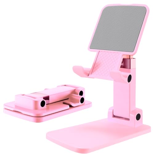 Cell Phone Stand Cute Mobile Holder For iPhone Desk Office Accessories | for thick cases; Under 12" Tablets, e-readers; Folds flat; Anti-slip; Weighted base - color: 02-Pink
