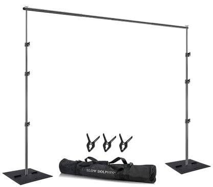 SLOW DOLPHIN Heavy Duty Backdrop Stand10ft x 8.5ft Adjustable Background Support System Kit with Steel Base for Photography, Photo Backdrop Stand for Parties Birthday, Photo Booth Video Studio
