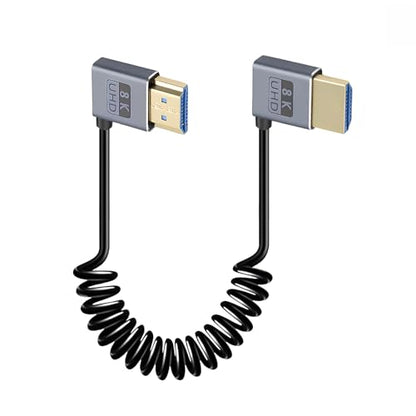 Duttek Coiled HDMI Cable1 FT-1.5FT 8K 60fps, 4K 120fps, Extremely Thin Left Angle to Right Angle HDMI Coiled Cable Short 480Gbps for ATOMOS Ninja V Sony A7siii Canon C300 C500 Ronin RS2 Monitor Camera