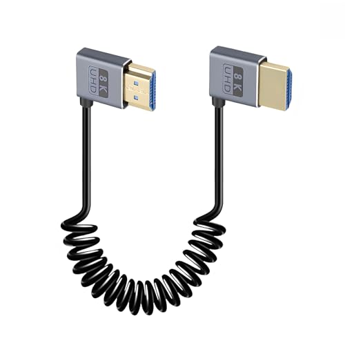 Duttek Coiled HDMI Cable1 FT-1.5FT 8K 60fps, 4K 120fps, Extremely Thin Left Angle to Right Angle HDMI Coiled Cable Short 480Gbps for ATOMOS Ninja V Sony A7siii Canon C300 C500 Ronin RS2 Monitor Camera