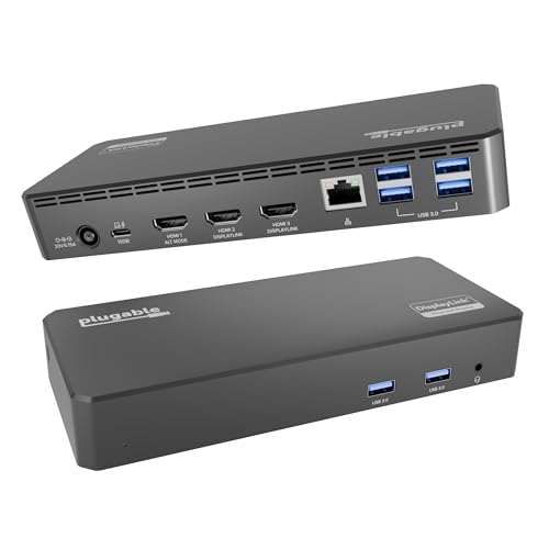 Plugable USB C Triple Display Docking Station | 100W PD, 3x HDMI (1x 4K 30Hz, 2x 1080p 60Hz), 6x USB 5Gbps Ports | Windows, macOS, ChromeOS Compatible - Enhance Productivity with Multi-Monitor Support