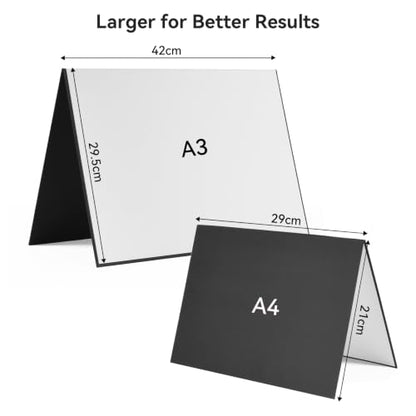 UTEBIT 3 in 1 Photography Reflector Cardboard, 17"x12" A3 Folding Light Diffuser Board for Still Life, Product and Food Photo Shooting Light Reflectors - Black, Silver and White
